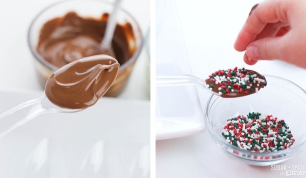 in-process images of how to make Christmas chocolate spoons