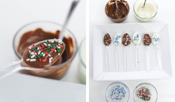 in-process images of how to make Christmas chocolate spoons