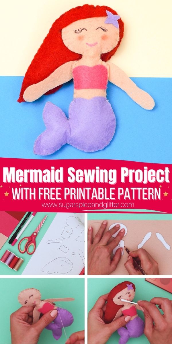 How to make a felt mermaid stuffie using our free printable mermaid sewing pattern for kids. The perfect beginning sewing project for mermaid fans