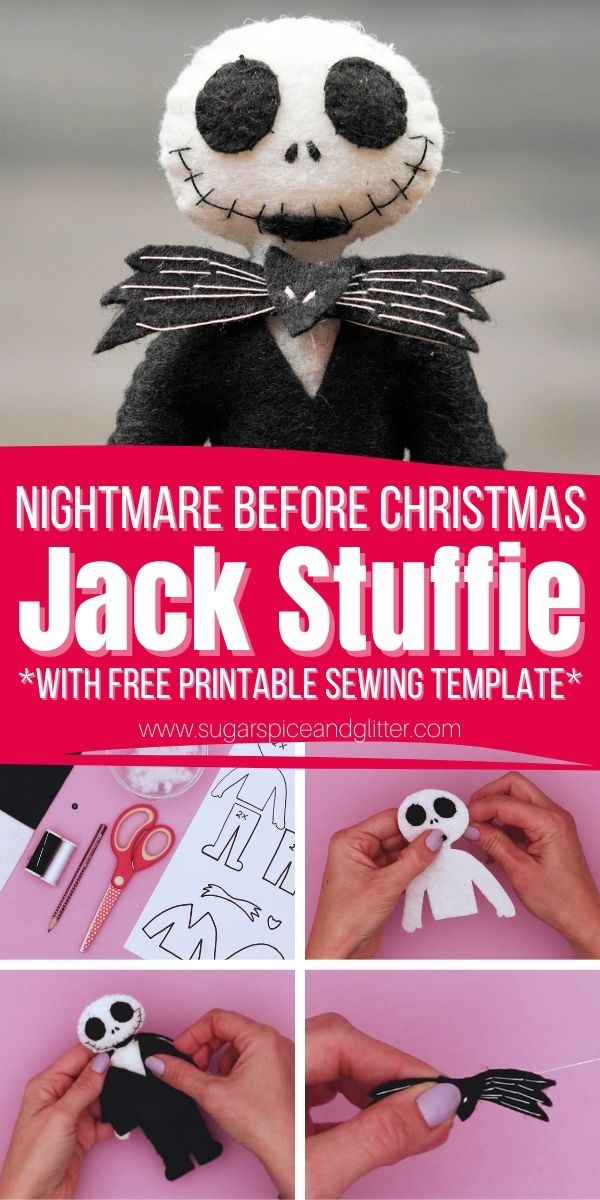 How to make a Jack Skellington felt stuffie using our free printable sewing template and step-by-step tutorial. This easy sewing project is perfect for beginners and fans of Nightmare Before Christmas