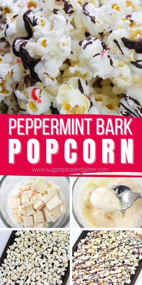 How to make a peppermint bark popcorn, the perfect easy gourmet popcorn recipe for a family movie night or an inexpensive neighbour gift for the holidays.