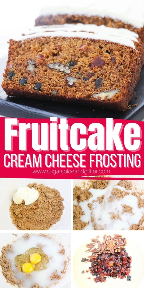 How to make traditional Christmas fruitcake with cream cheese frosting. This fruitcake requires no soaking time and no alcohol so it's the perfect family-friendly fruitcake for serving at parties or family gatherings