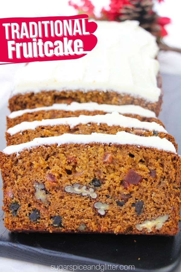 A traditional fruitcake recipe with warming spices, a melt-in-your-mouth crumb and plenty of fruit and nut mix-ins, topped with a luscious cream cheese frosting.