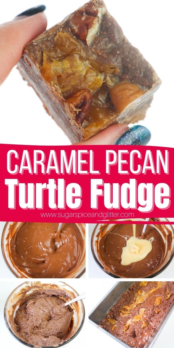 How to make caramel pecan turtle fudge, a simple no-cook fudge recipe perfect for replicating that iconic turtle chocolate flavor in less than 15 minutes. Perfect for homemade gifts or just an indulgent late night treat