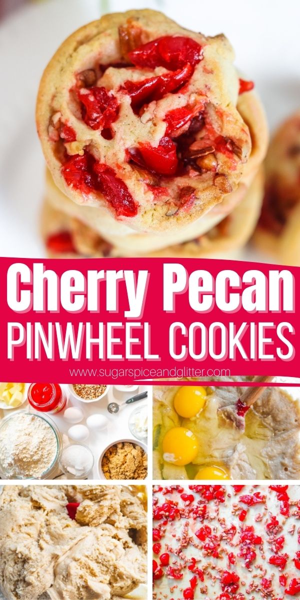 How to make cherry pecan pinwheel cookies, a festive Christmas cookie perfect for freezing and enjoying all season long. A festive twist on date pinwheel cookies to make them even more family friendly