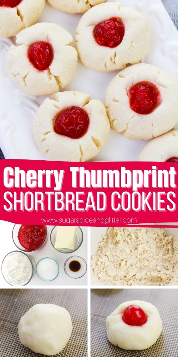 How to make cherry thumbprint shortbread cookies, a 5-ingredient Christmas cookie the kids will love getting to help make. Buttery, melt-in-your-mouth shortbread with a juicy maraschino cherry center