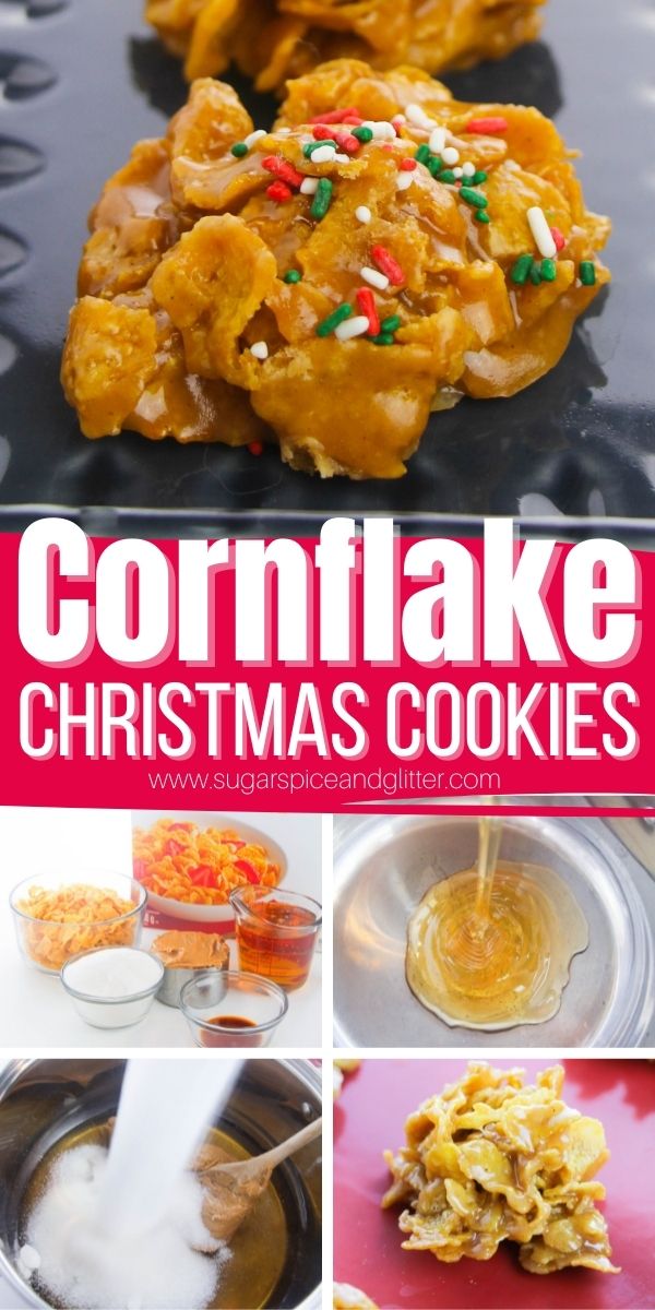 How to make Christmas Cornflake Cookies, a no bake Christmas cookie that takes less than 15 minutes to whip up. Chewy, crunchy and sweet - these little drop cookies are the perfect treat for peanut butter fans.