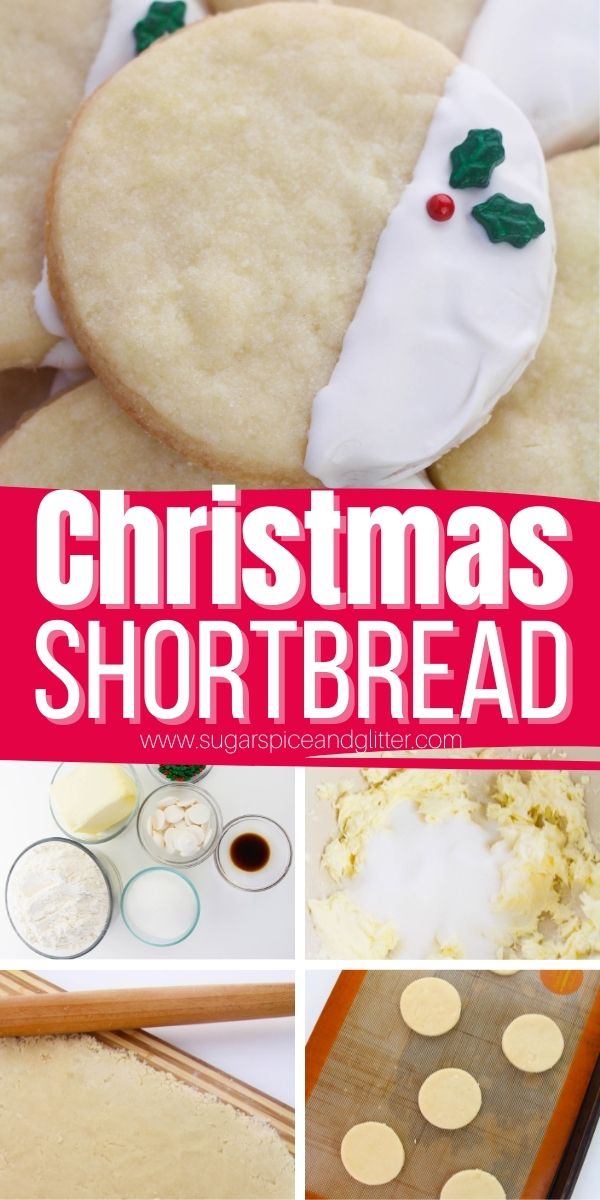How to make white chocolate-dipped shortbread cookies, a super simple shortbread cookie that kids can help make with a quick 4-ingredient dough that requires no chill time. These easy Christmas shortbread cookies are perfect for a fun hour of family baking
