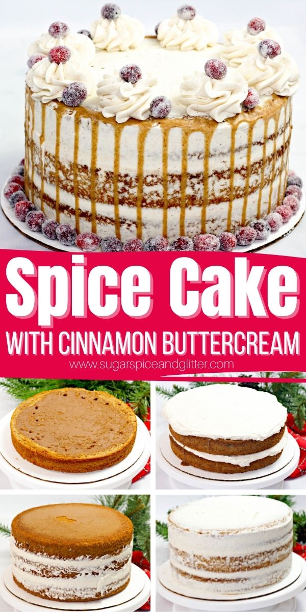 How to make a Christmas Spice Cake with luscious cinnamon buttercream frosting and super simple sugared cranberries. This cake looks bakery quality but is incredibly easy to make at home - no matter your level of cake decorating experience.