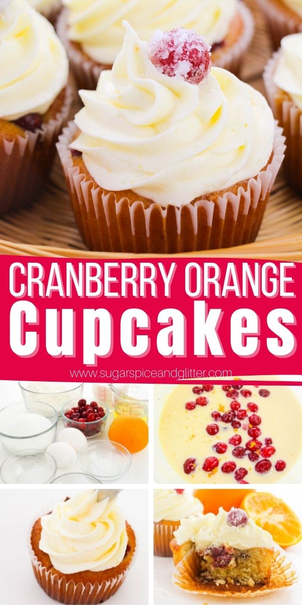 How to make cranberry orange cupcakes with orange buttercream frosting and sugared cranberry garnish. These punchy Christmas cupcakes are a refreshing alternative to chocolate cupcakes to add to your holiday baking list.