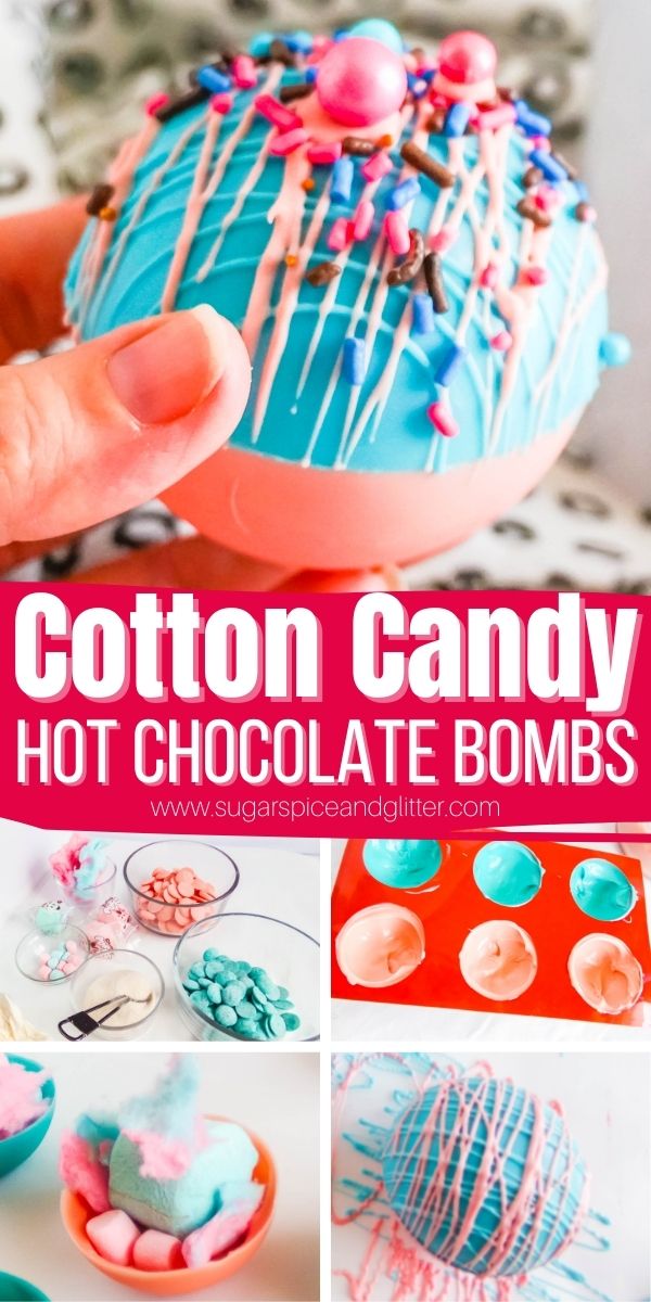 How to make cotton candy hot chocolate bombs, a fun and playful take on homemade hot chocolate bombs with vibrant colors, fun sprinkles, marshmallows and of course, cotton candy flavor!