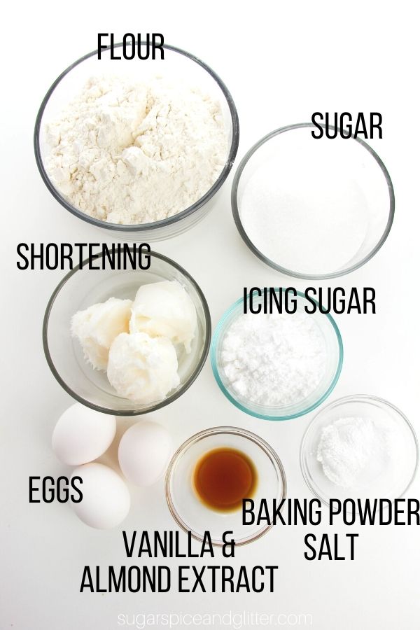 labeled ingredient image showing ingredients needed to make crescent cookies