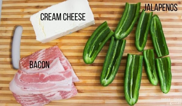 labeled ingredient image showing what is needed to make bacon-wrapped jalapeno poppers