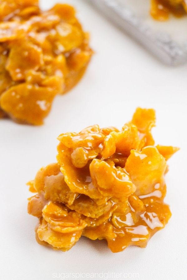close-up image of a cornflake cookie on a white background