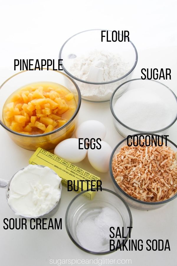 labeled ingredient image showing what is needed for pineapple coconut loaf