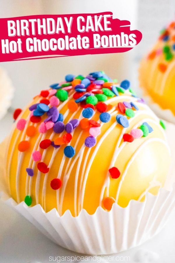 A fun take on a classic hot chocolate bomb, these birthday cake hot chocolate bombs are a fun homemade gift for a winter birthday. They melt in a mug of warm milk to taste just like a white chocolate birthday cake and have a fun explosion of colorful sprinkles and marshmallows that kids will love.