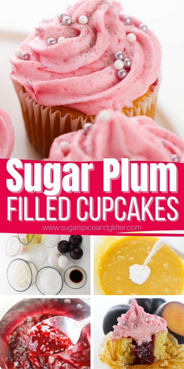 How to make a Sugar Plum Cupcake with vanilla-almond cake, plum filling and vanilla-plum buttercream frosting. Perfect for a Nutcracker viewing party or any princess or fairy themed party!