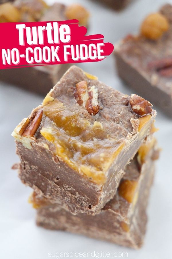 A decadent twist on Turtle Chocolates that can be made in less than 15 minutes, this no-cook Turtle Fudge recipe incorporates that iconic blend of milk chocolate, caramel and pecans for a gourmet treat perfect for gifting or indulging in yourself!