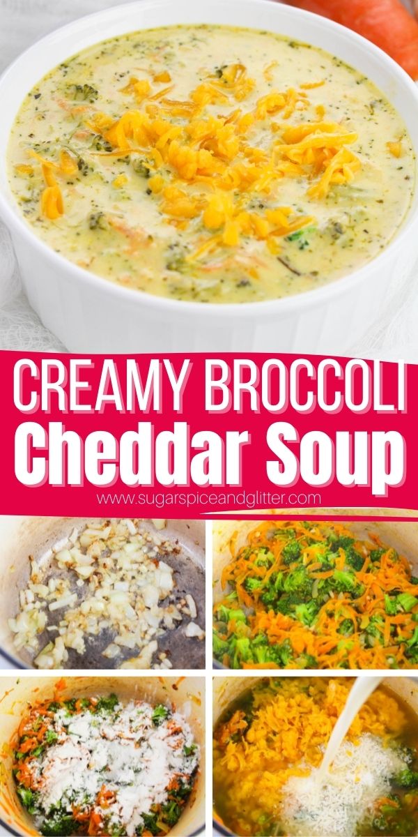 A creamy, cheesy and comforting Broccoli Cheddar Soup that rivals anything you can get at a restaurant. It's hearty and filling - practically a meal all on it's own - with tender vegetables, a duo of cheeses and a luscious, well-seasoned, creamy broth.