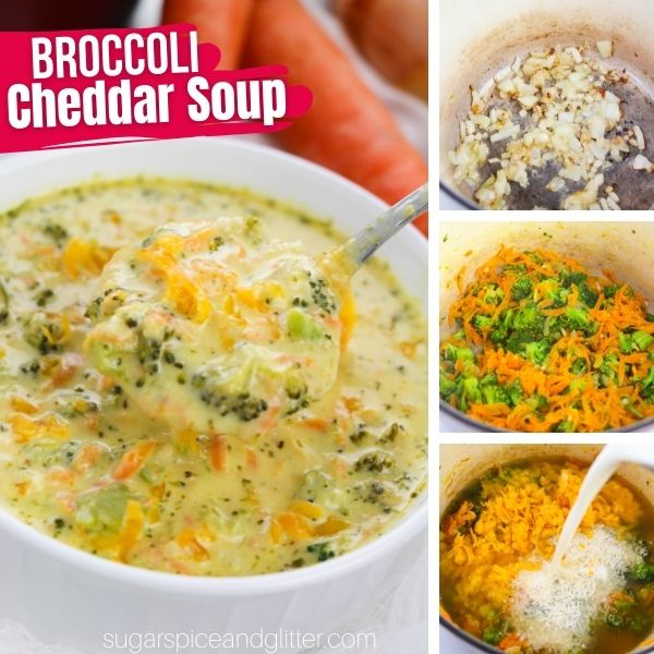 composite image of a spoonful of broccoli cheddar soup over a white bowl of more soup, along with three in-process images of how to make it