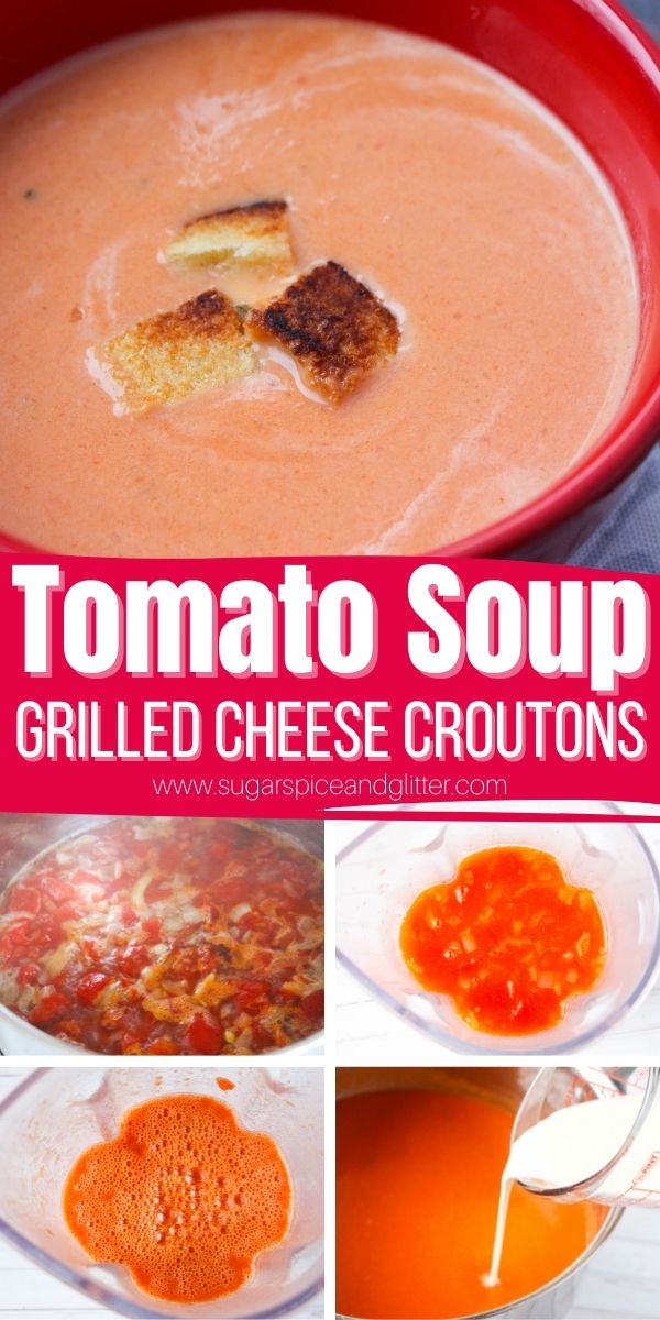Creamy Tomato Soup with Grilled Cheese Croutons is an easy comfort classic reinvented. This homemade tomato soup is a fun alternative to serving tomato soup with a grilled cheese on the side that the whole family will love.