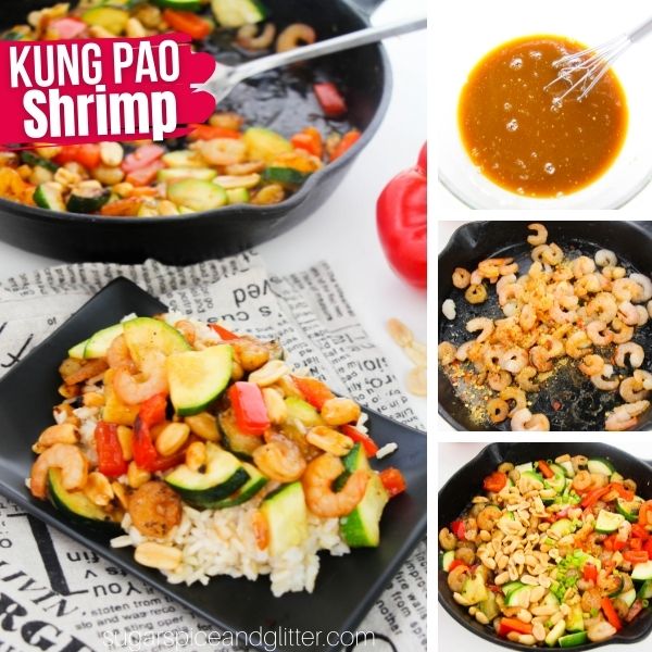 composite image showing a black square plate loaded with rice and Kung Pao Shrimp, along with three images showing how to make the shrimp recipe