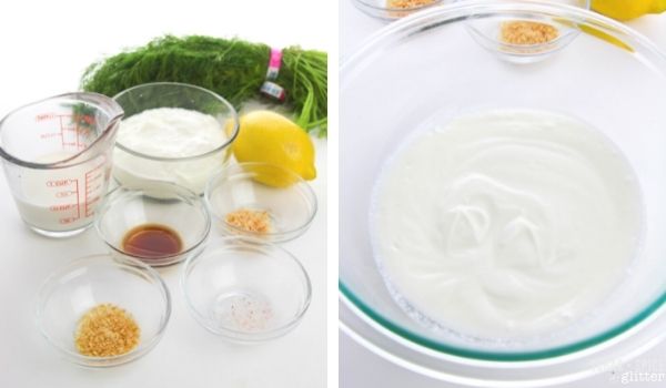 in-process images of how to make creamy lemon dill salad dressing