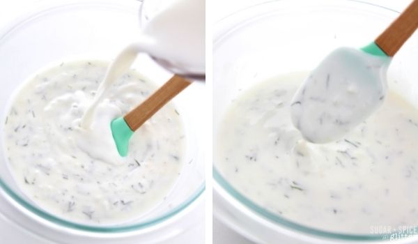 in-process images of how to make creamy lemon dill salad dressing