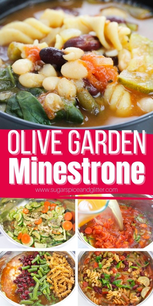 Copycat Olive Garden Minestrone Soup consists of a tomato-infused broth chock full of vegetables, beans and pasta. It's a filling vegetarian soup that is a great source of vitamins, minerals and fibre.