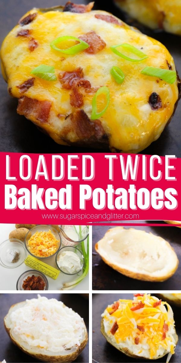 These decadent Twice Baked Potatoes feature rich, cheesy and creamy mashed potatoes in crispy potato skin, topped with more cheese, bacon and green onions. They are a steakhouse staple that is incredibly easy to make at home for a delicious, special occasion meal.