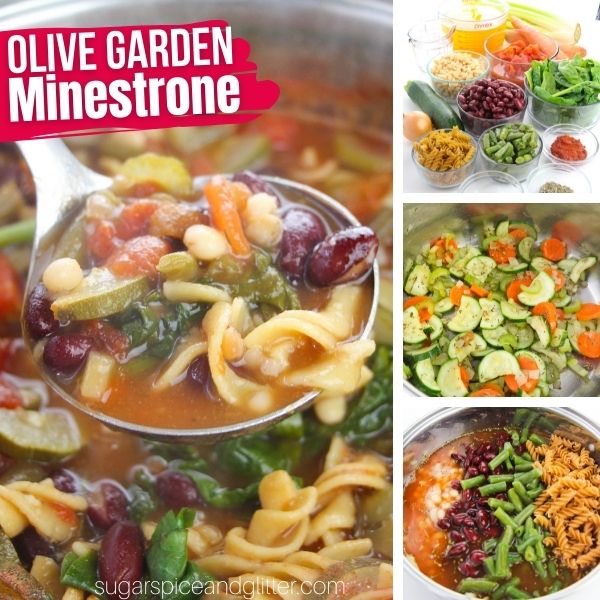 composite image of a ladle full of minestrone soup along with an image of the ingredients needed to make it plus two in-process images of how to make minestrone
