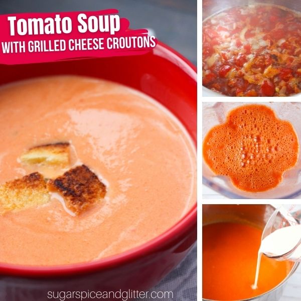 composite image of a red bowl filled with creamy tomato soup with a few grilled cheese croutons sprinkled on top, along with three in-process images of how to make the soup
