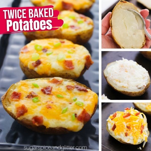 composite image of twice baked potatoes on a blue slate tray along with three in-process images of how to make twice baked potatoes