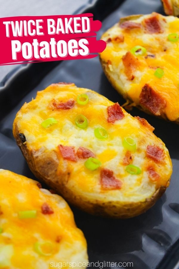 Decadent twice-baked potatoes feature a crispy potato shell and a decadent, mashed potato filling topped with melted cheese, bacon and green onions. The perfect game day appetizer or steak side dish.
