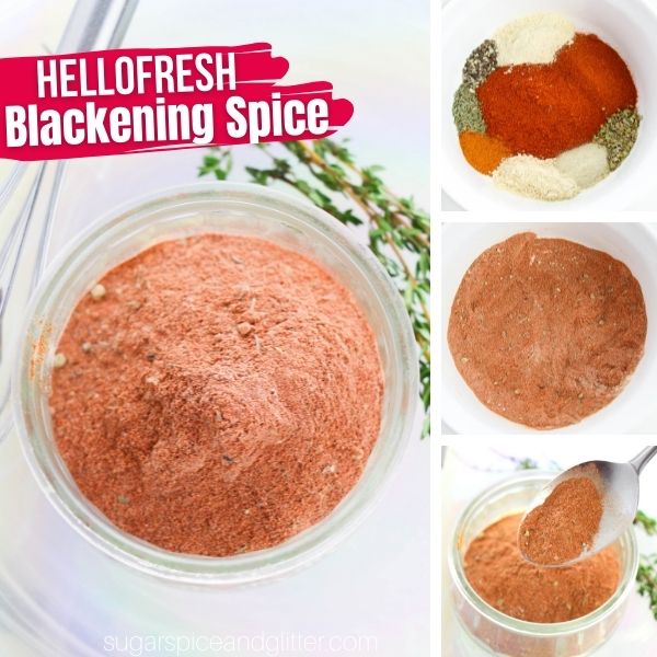 composite image of a jar of blackening spice along with three images showing how to make the seasoning