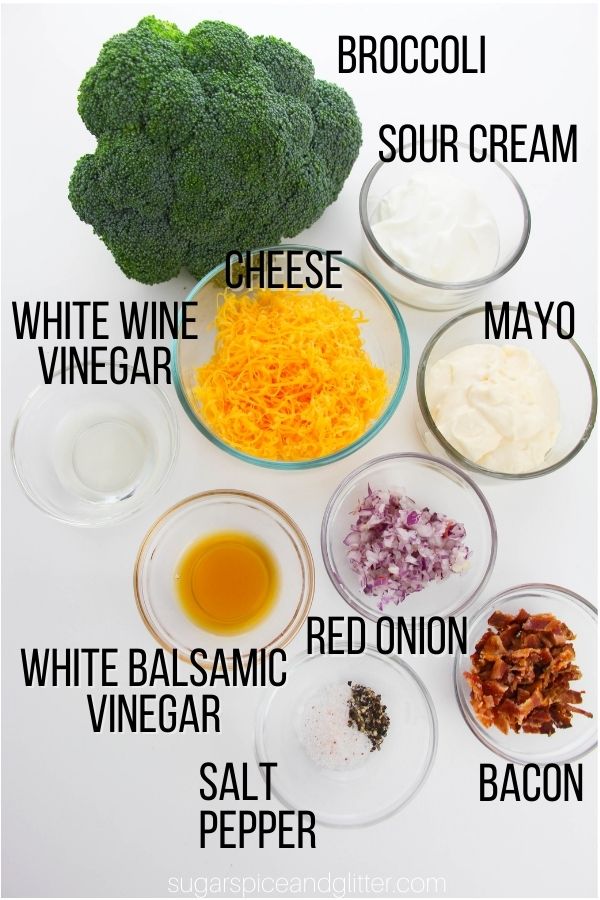labeled ingredient image showing what is needed to make broccoli salad