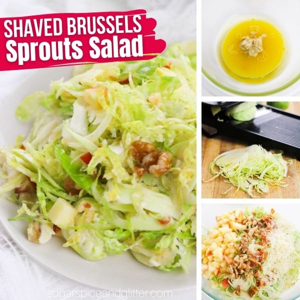 composite image of shaved Brussels sprouts salad on a white plate along with three in-process images showing how to make it