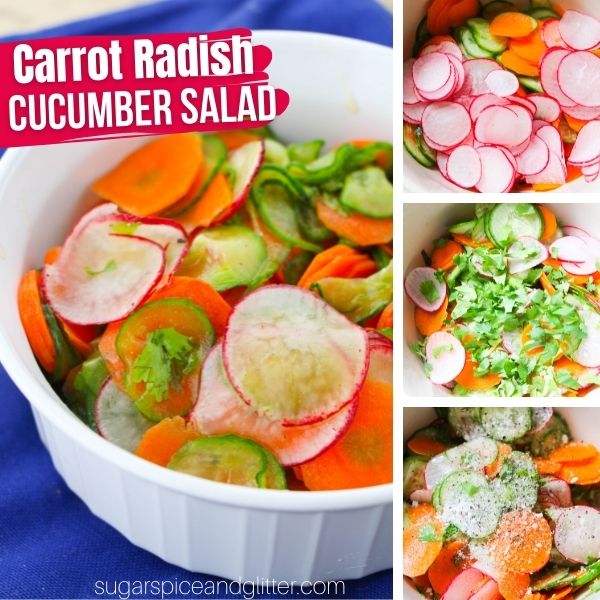 composite image showing a white bowl filled with thinly sliced carrots, cucumber and radishes dressed with a cilantro-lime dressing, plus three in-process images of how to make the salad