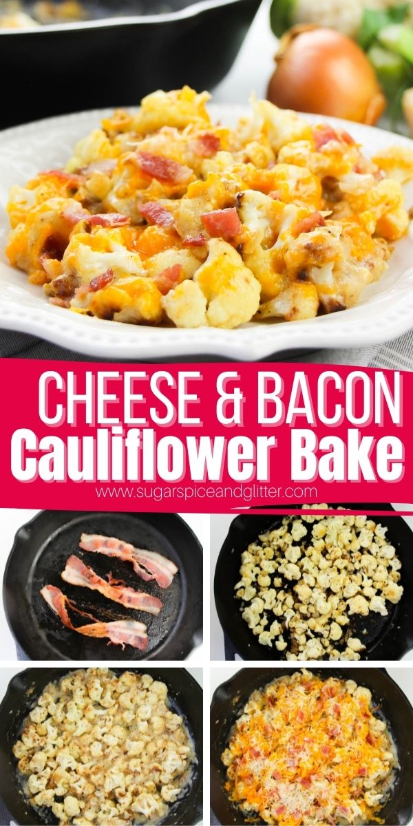 Cheesy Cauliflower Bake with a quick and easy creamy sauce, topped with melted cheese and bacon. This easy cauliflower side dish is indulgent and delicious - and perfect for serving to kids.