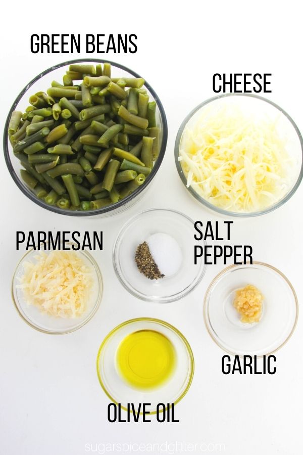 overhead image showing ingredients needed to make cheesy garlic green beans
