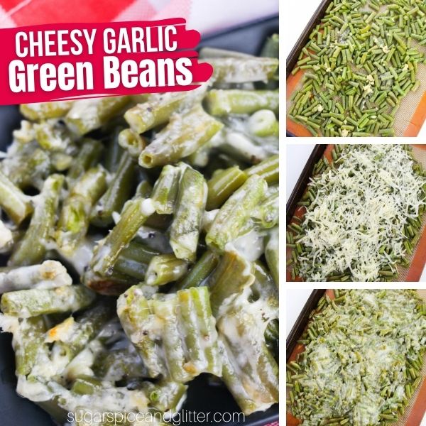 composite image of cheesy green beans on a black plate along with three in-process images of how to make them