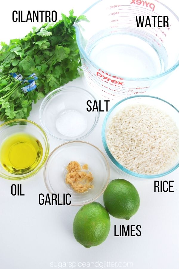 labeled ingredient image showing what is needed to make cilantro lime rice