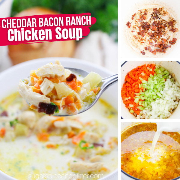 composite image of a spoonful of cheddar bacon ranch chicken soup plus three in-process images of how to make it
