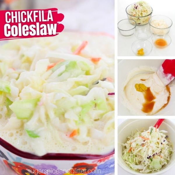 composite image of close-up image of a floral bowl filled with coleslaw on a white muslin napkin along with a picture of the ingredients to make it and two in-process images