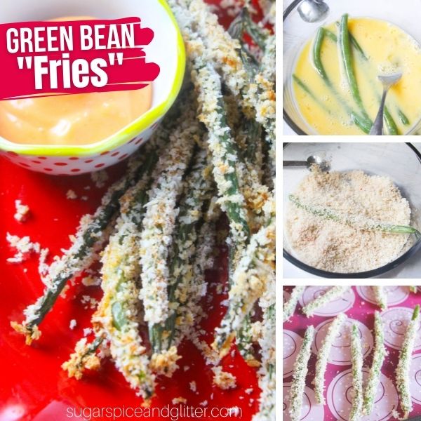 composite image of green bean fries along with three images showing how to make the recipe