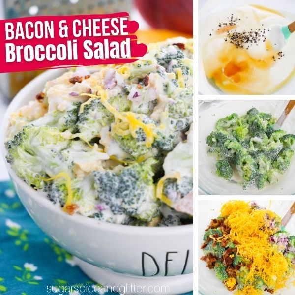 composite image of a white bowl filled with broccoli salad set on a blue floral napkin, along with three images showing how to make the salad