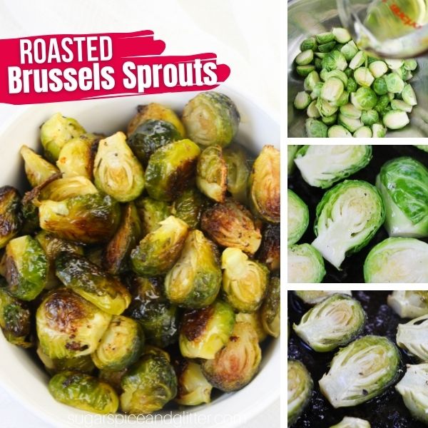 composite image of roasted Brussels sprouts in a white dish plus three in-process images of how to make them