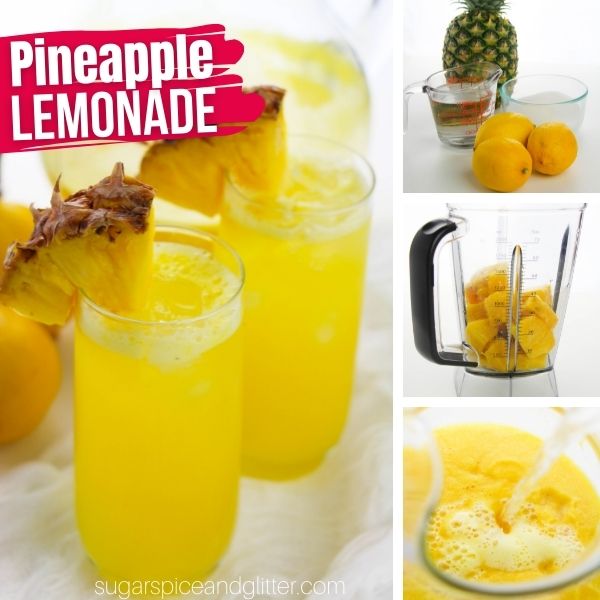 composite image of a close-up shot of pineapple lemonade in glasses with a pineapple wedge garnish, along with an image showing the ingredients needed to make it and two in-process images making the pineapple lemonade