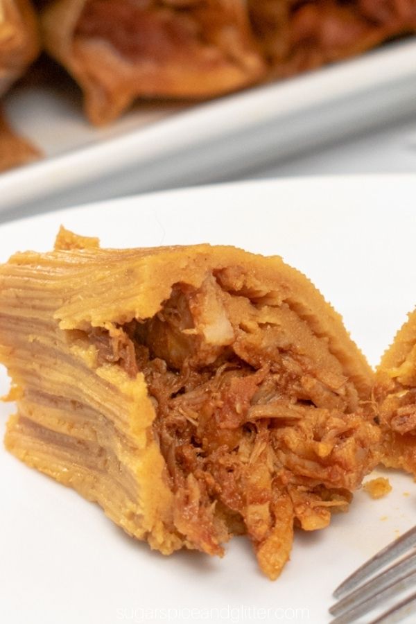 close-up image of a cut in half pork tamal on a white plate