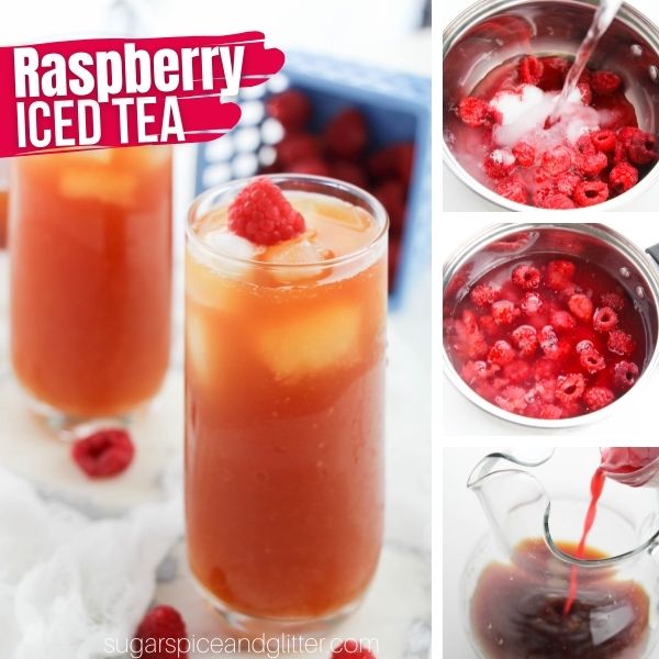 composite image of two glasses filled with raspberry iced tea along with three in-process images of how to make it